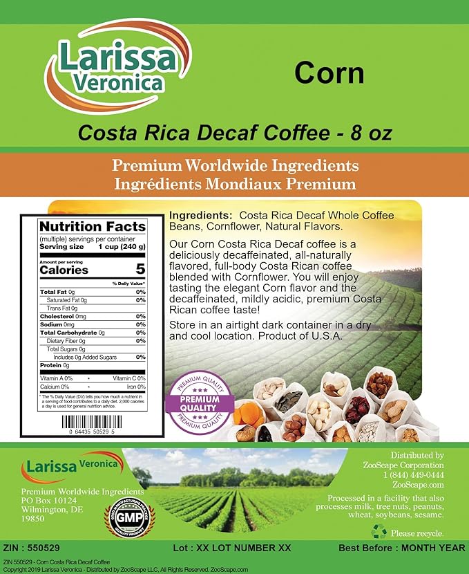 Corn Costa Rica Decaf Coffee (Gourmet Naturally Flavored Whole Coffee Beans) (8 oz ZIN: 550529) - 3 Pack