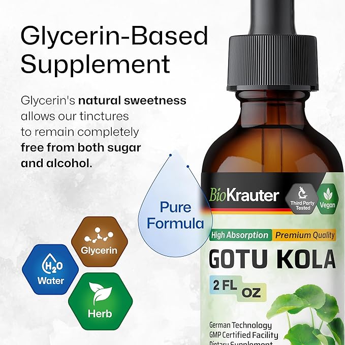 BIO KRAUTER® Centella Asiatica (Gotu Kola)- Liquid Drops Gotu Kola Extract 685 mg/Serving 2 Fl.Oz 28-Day Supply - Pure Vegan Brain Supplement Supports Calm Focus &amp Memory - Alcohol &amp Sugar F