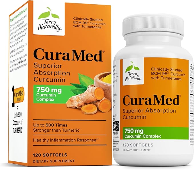 Terry Naturally CuraMed 750 mg - Antioxidant Supplement for Brain &amp Heart Health Support - Supplement with High-Potency Curcumin Complex - Kidney Liver &amp Immune Health Support - 120 Softgels