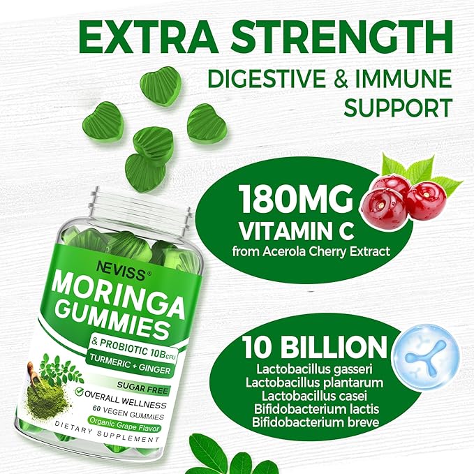 Moringa Gummies for Women Men Sugar Free Vegan with 10 Billion CFU Probiotic Turmeric Ginger Ceylon Cinnamon Chewable Organic Pure Moringa Leaf Supplement for Adults | Gut &amp Immune Support 60