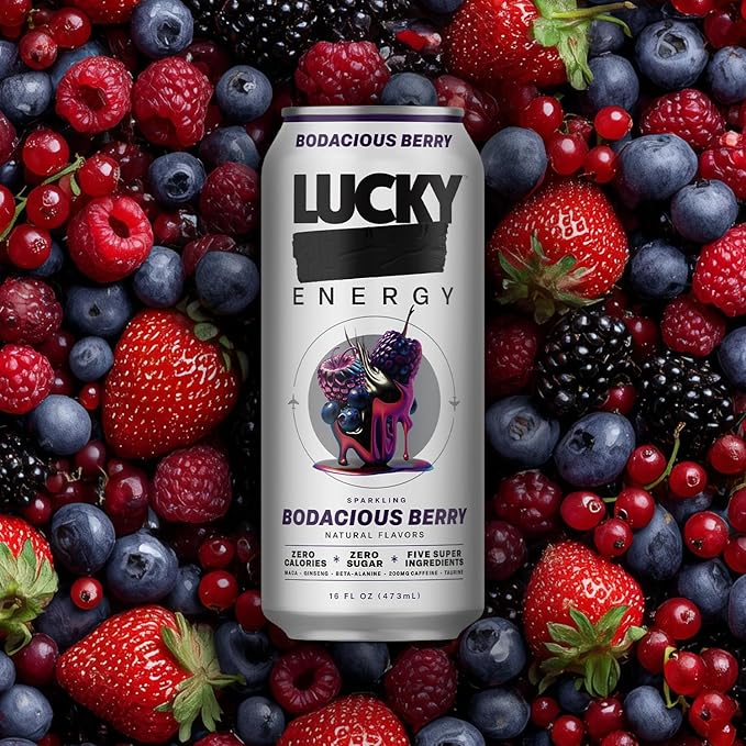 Lucky Energy Sugar Free Energy Drinks Bodacious Berry 16oz Cans (12-Pack) Healthy Zero Sugar Energy Drink with Maca Ginseng Beta-Alanine Taurine &amp 200mg Caffeine