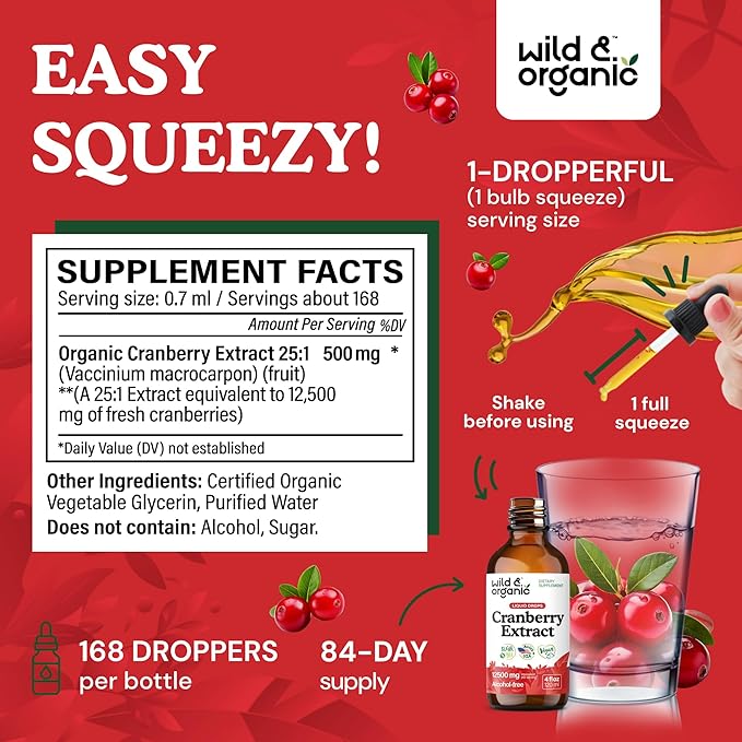 Wild &amp Organic Cranberry Concentrate Liquid Drops 12500 mg - Urinary Tract Support with Cranberry Supplement for Women &amp Men - 500 mg Extract per Serving - Vegan Sugar &amp Alcohol-Free - 4