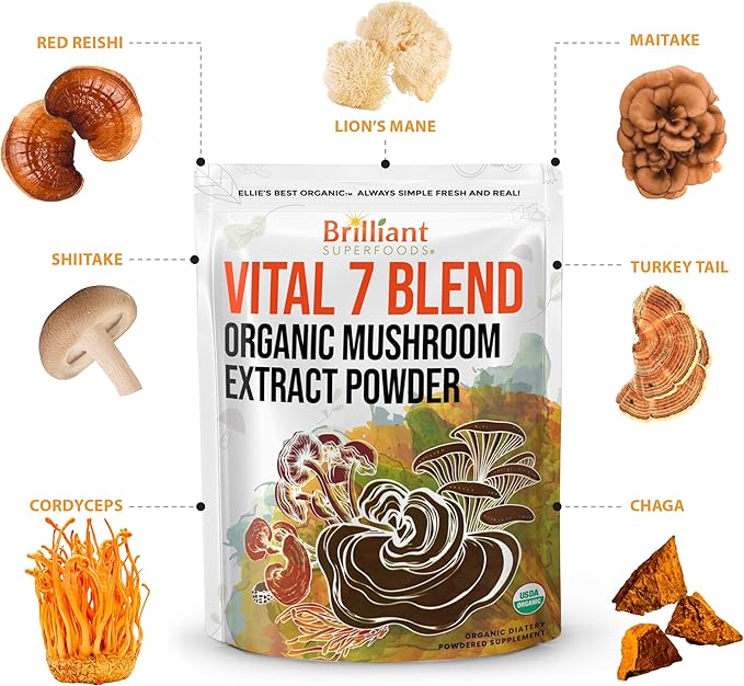 Ellie's Best 7 Mushroom Powder Extract Organic Blend - Reishi Lion's Mane Chaga Turkey Tail Cordyceps Maitake &amp Shiitake - Double Extracted - Pure No Fillers - 8oz / 228 1g Servings……