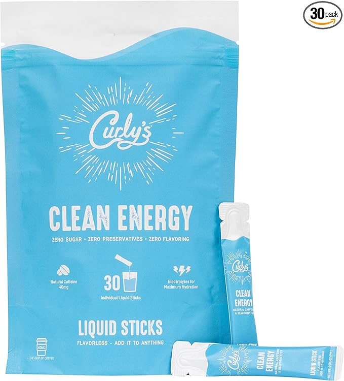 Curly's Clean Energy Caffeine &amp Electrolyte Sticks - Energize Your Favorite Drink - Keto Paleo &amp Whole 30 Friendly - All Natural - No Sugar No Calories Non-GMO - 30 Flavorless Liquid Stick