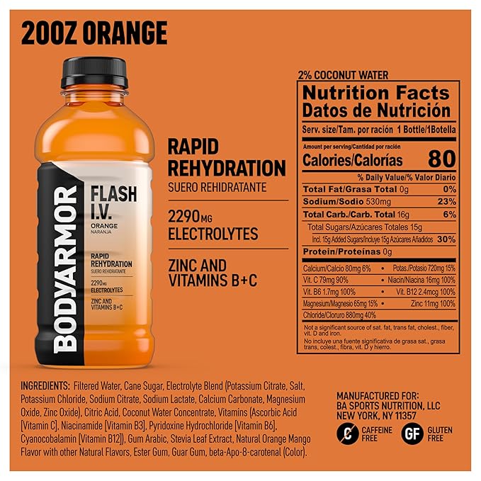 BODYARMOR Flash I.V. Electrolyte Beverage Orange Hydration Drink with Coconut Water For Rapid Rehydration Post Workout Recovery 20 Fl Oz (Pack of 12)