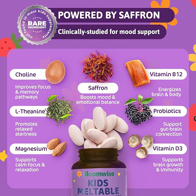 Bloomwise Kids Supplements for Focus &amp Calm 14-in-1 Brain Behavior Mood &amp Attention Support | Magnesium Saffron Zinc Vitamin D &amp B12 | Sugar-Free Vegan Berry Meltables 60 chewable Ta