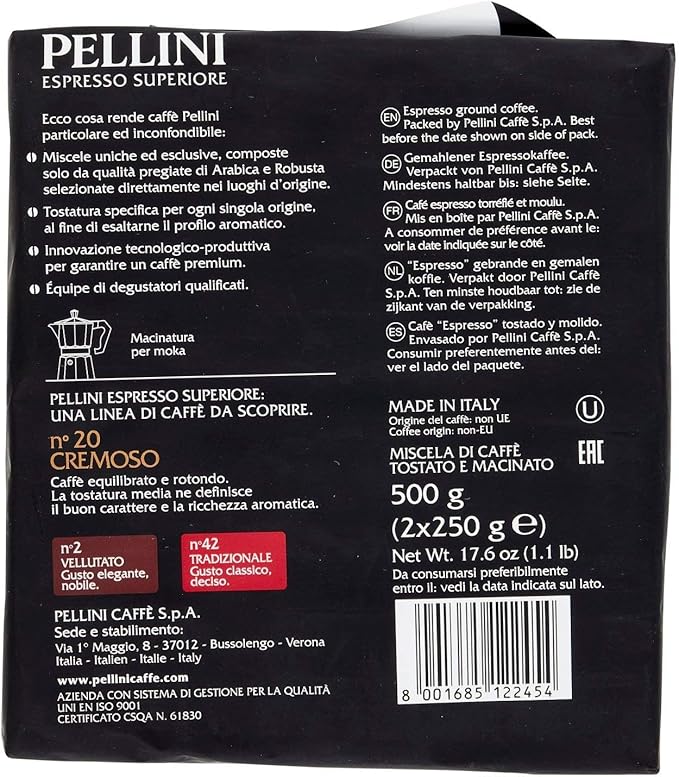 Pellini: Cremoso (Creamy) Roasted Ground Coffee for Espresso Machine 8.8 Ounce (250gr) Packages (Pack of 4) [ Italian Import ]