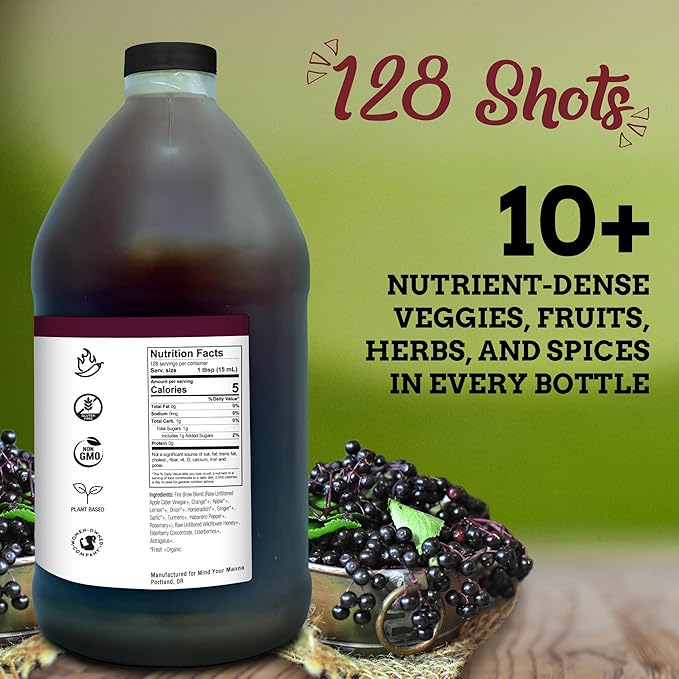 Fire Brew Restore – Elderberry Apple Cider Vinegar Wellness Tonic | 128 Concentrated Shots of Healthiest Organic Ingredients Rich in Antioxidants &amp Vitamins to Strengthen Immune System – Half Gall