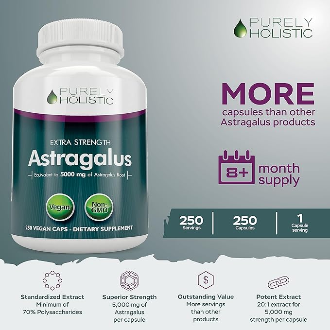 Astragalus Root 5000 MG | 8 Month Supply | Immune &amp Energy Support | 20:1 Astragalus Extract with 70% Polysaccharides | High-Strength Adaptogen Support for Vitality | Vegan &amp Non-GMO | 250 Cap