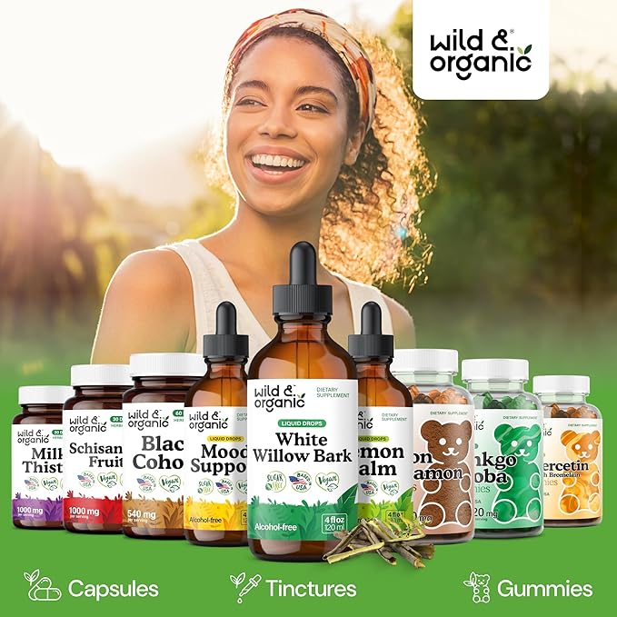 Wild &amp Organic White Willow Bark Tincture - Liquid Supplement for Overall Support - Alcohol &amp Sugar-Free White Willow Extract Drops - Salix Alba Bark - Vegan No Additives - 4 fl oz