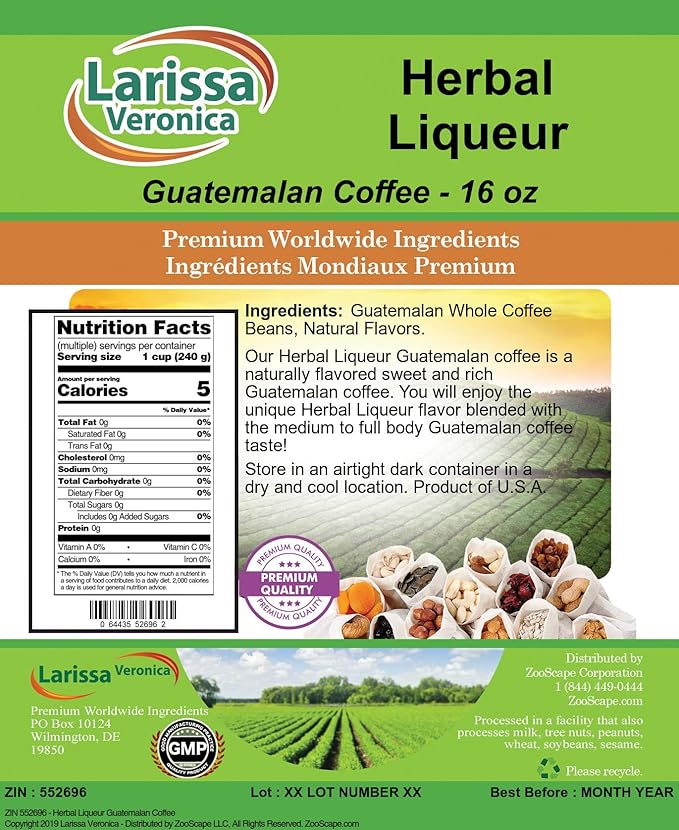 Herbal Liqueur Guatemalan Coffee (Gourmet Naturally Flavored Whole Coffee Beans) (16 oz ZIN: 552696) - 2 Pack