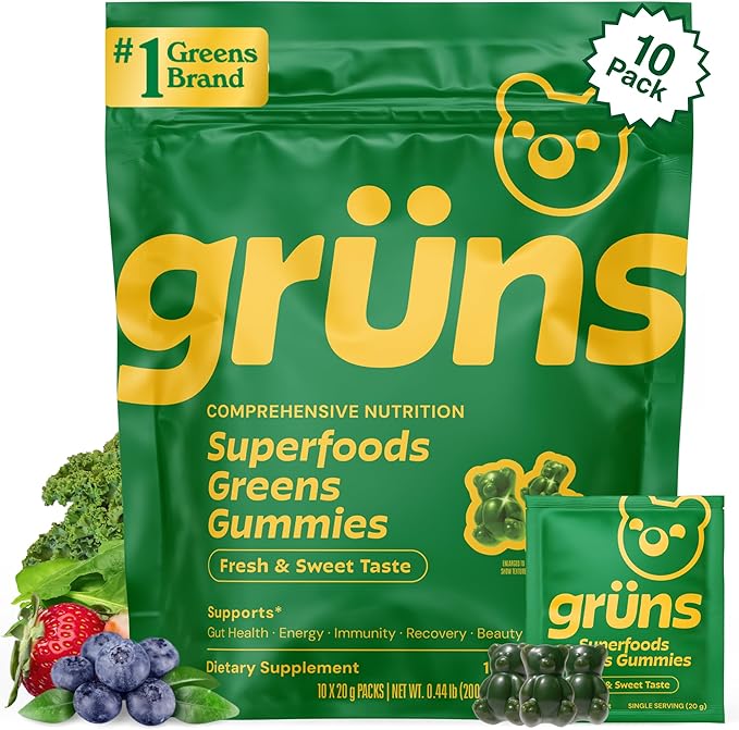 Gruns Adults Super Greens Gummies Multivitamin Superfood Gummy Bears Spirulina Chlorella Prebiotics &amp Fiber Gummies for Digestive Health Adaptogens Supplement 20 Vitamins &amp Minerals 10