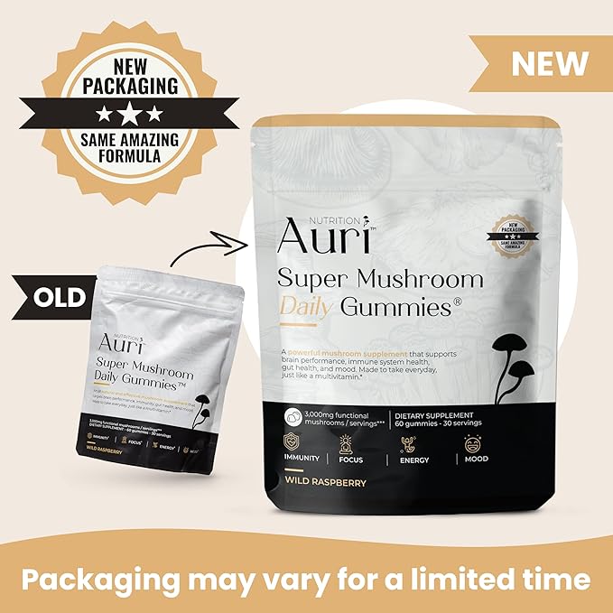 Auri Nutrition Super Mushroom Daily Gummies – All-in-One Functional Gummy with 12 Mushroom Blend Including Lion’s Mane Reishi Chaga &amp Cordyceps – 60 Gummies