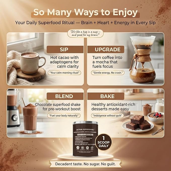 High Flavanol Cacao Powder Blend - Flavanols &amp Flavanoids - Organic Coffee Alternative with Lions Mane Ashwagandha Maca &amp Ceylon Cinnamon - 7.4 ounces - Morning Focus &amp Energy Ritual