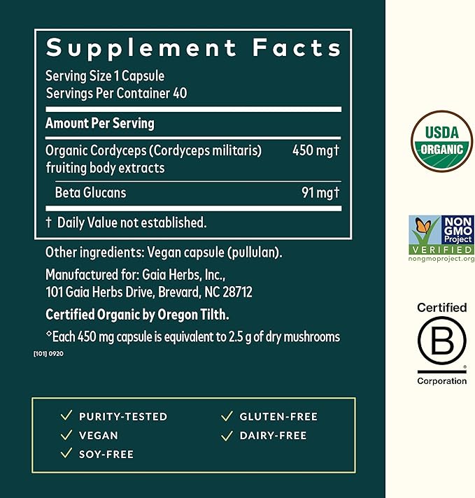 Gaia Herbs Cordyceps Mushroom - Traditionally Used to Support Sustaining Energy &amp Endurance* - One Daily with Organic Cordyceps Mushroom - 40 Vegan Liquid Phyto-Capsules (40 Servings)