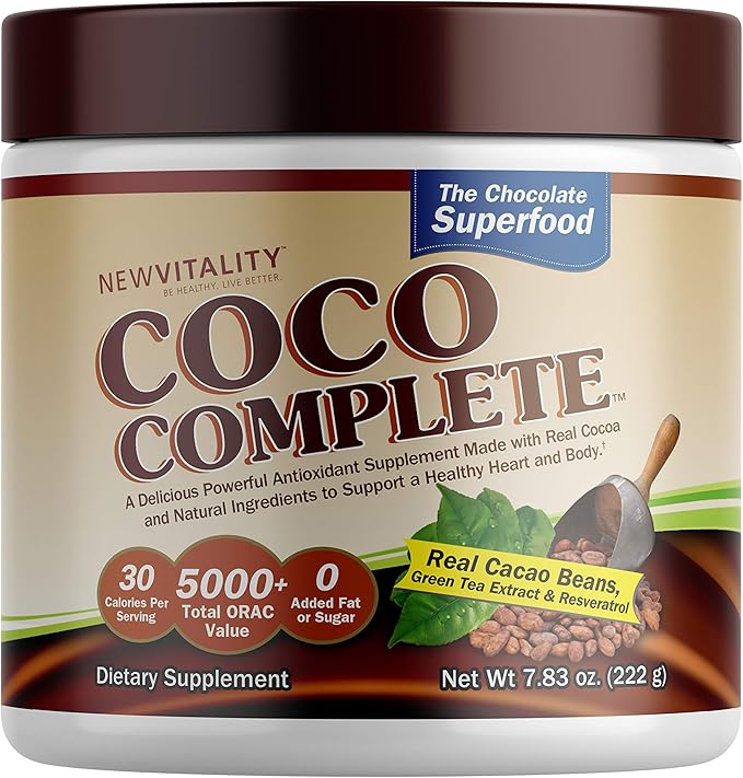Coco Complete by New Vitality – Immune System and Boosting Superfood Powder Supplement Energy Support Sugar Free Real Cocoa Powder &amp Green Tea Extract Chocolate Flavor 30 Servings