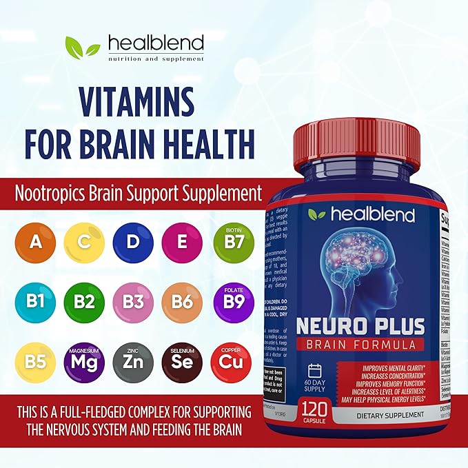 Neuro Plus Brain &amp Focus Formula - Nootropic Brain Booster Supplement Supports Brain Health Mental Clarity &amp Focus - Enhances Concentration &amp Mental Energy – 120 Capsules (1)