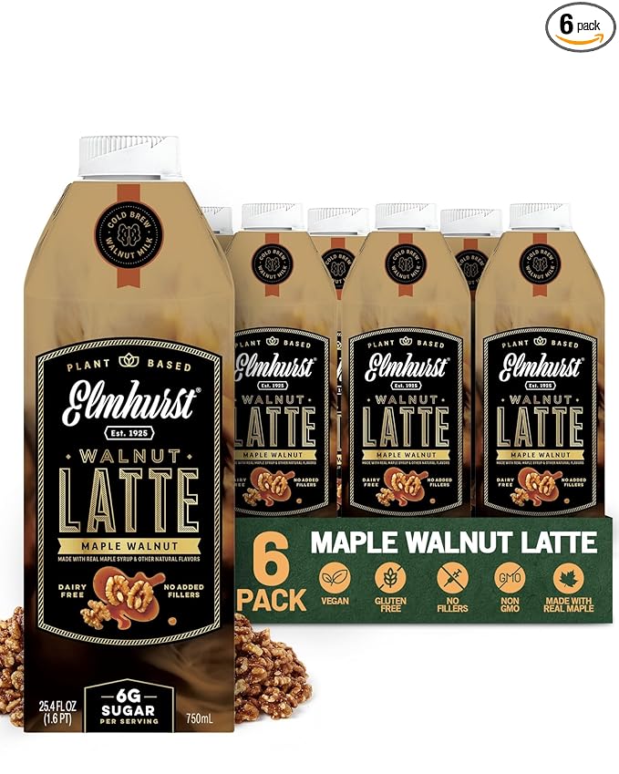 Elmhurst 1925 Maple Walnut Latte – Plant-Based Vegan Dairy-Free Plant Milk Latte Made of Walnut Milk Cold Brew Premium Arabica with 95mg Caffeine &amp Real Maple &amp Brown Sugar – 25.4oz (Pack o