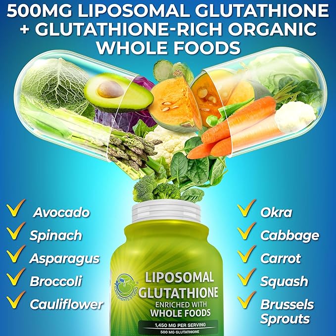 Liposomal Glutathione 500mg - Active Form L Glutathione (Reduced) for Maximum Absorption - Made with Organic Whole Foods - Master Antioxidant &amp Detoxifier - Immune &amp Cardiovascular Support - 6