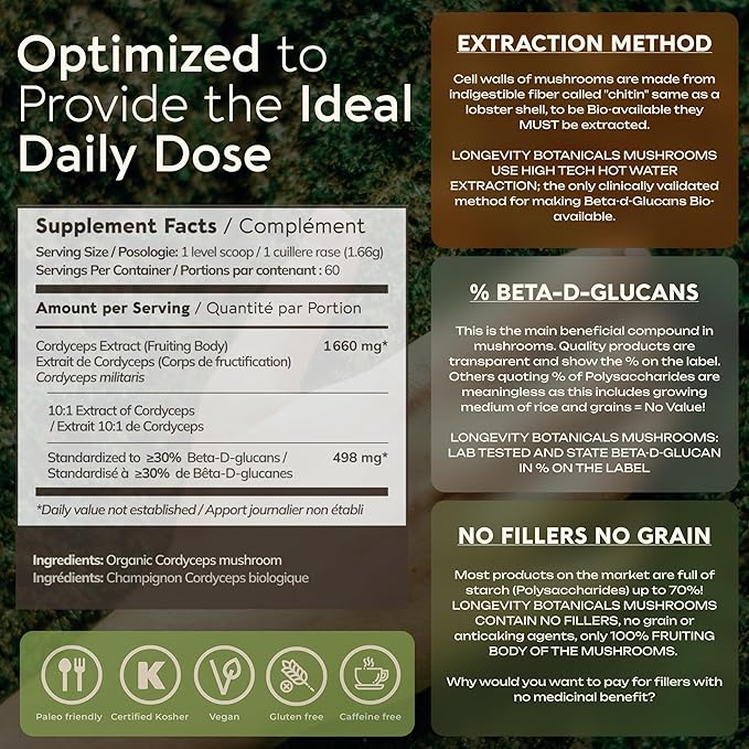 Organic Cordyceps Mushroom Powder Supplement 10:1 Extract 100g | Cordyceps Militaris 100% Fruiting Body | ≥30% Beta-D-Glucans | 60 Servings of 1660mg | Energy Endurance &amp Stamina Support