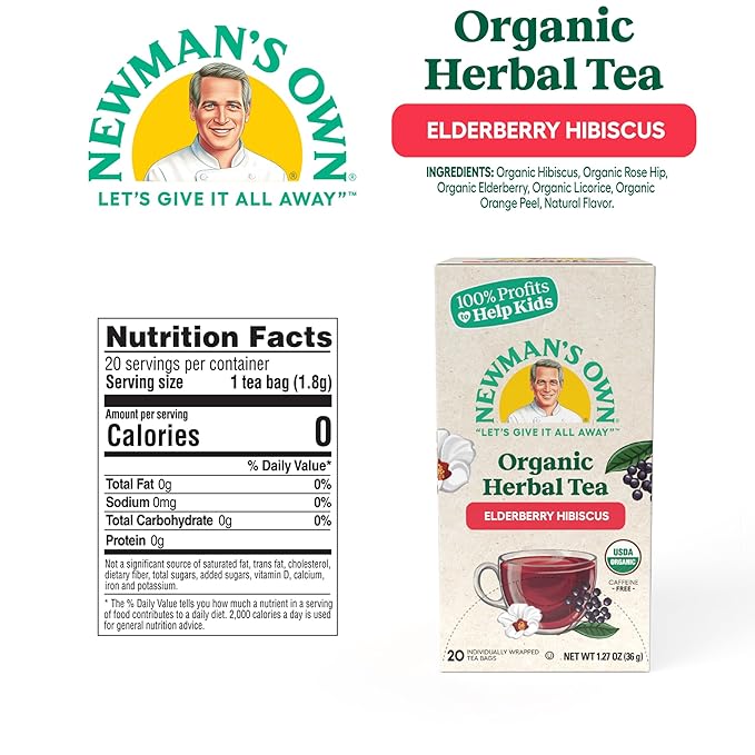 Newman's Own Organic Elderberry Hibiscus Tea Containing Healthy Antioxidants with 20 Individually Wrapped Tea Bags Per Box (Pack of 6) USDA Certified Caffeine Free Brew Hot/Cold
