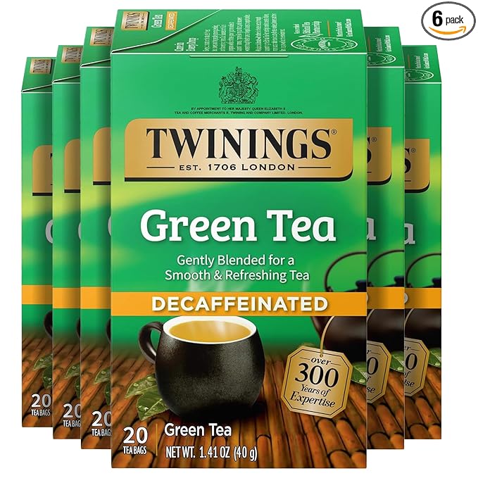 Twinings Decaffeinated Green Tea Individually Wrapped Bags 20 Count (Pack of 6) Smooth Flavour Enticing Aroma Enjoy Hot or Iced 120 Teabags