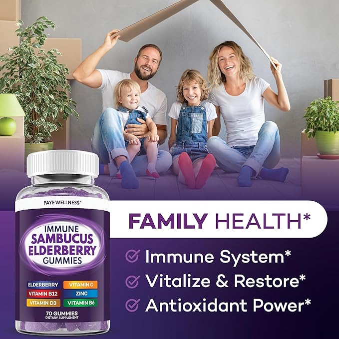Elderberry Gummies Immune Support Daily Support for Kids and Adults* with Sambucus Elderberry Zinc Vitamin C D3 B6 B12 Plus - Dietary Supplement - 70 Count