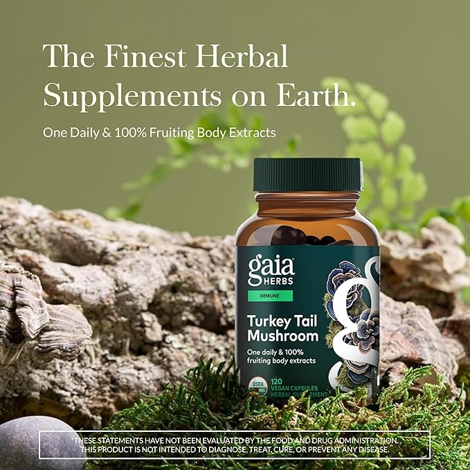 Gaia Herbs Turkey Tail Mushroom - Traditional Immune Support &amp Liver Health Supplement* - with Organic Turkey Tail Mushroom Fruiting Body Extract - 120 Vegan Capsules (120 Servings)