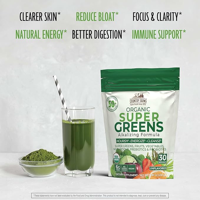 Country Farms Super Greens Natural Flavor 50 Organic Super Foods USDA Organic Drink Mix (Wheat Grass Spirulina Chlorella) Mushrooms &amp Probiotics Fiber Gut Health Natural Energy 30 Servings