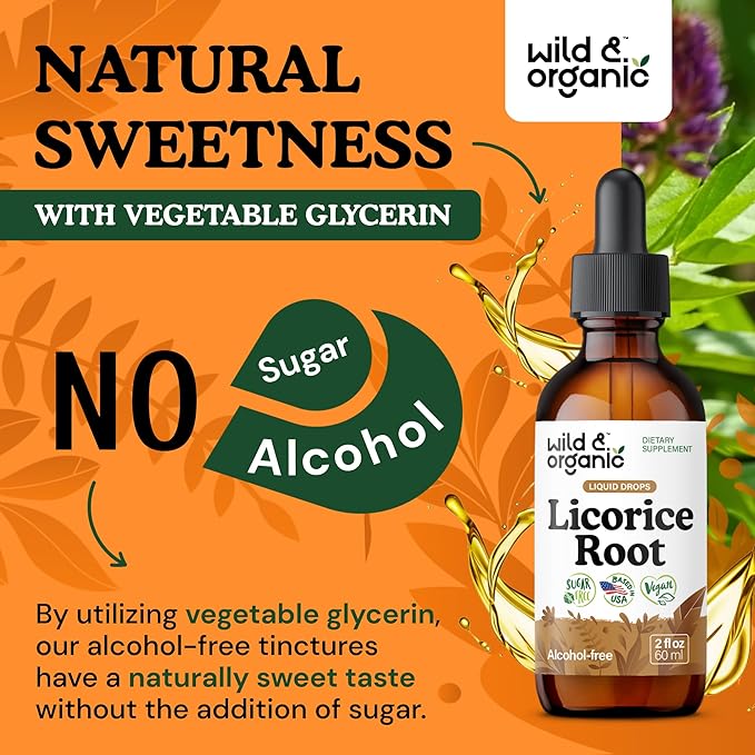 Wild &amp Organic Licorice Tincture - Digestive Support - Pure Licorice Root Extract Drops - Glycyrrhiza Glabra - Vegan Sugar &amp Alcohol-Free Supplement - 2 fl oz