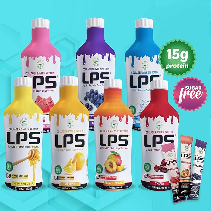 LPS Liquid Collagen &amp Whey Protein Supplement - Non-GMO Drink Sugar-Free - Promotes Healthy Skin &amp Hair for Men &amp Women Neutral Single Serve (25 Packets)