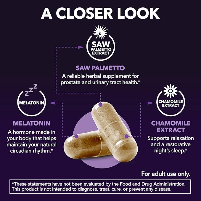 Saw Palmetto PM for Men with Melatonin 3mg - Night Time Prostate Health Supplement for Bladder and Sleep Support - Reduce Urinary Frequency - 100 Count - Vegan Non-GMO Capsules - Over 3 Month Supply