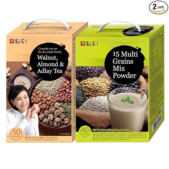 Damtuh Korean Grain Drink Mix Bundle – 15-Grain Misugaru Powder + Walnut Almond Adlay Tea (Job’s Tears/Yulmu) Powder Latte-Style Drink Caffeine-Free 18g x 50 / 20g x 40 Stick Packs