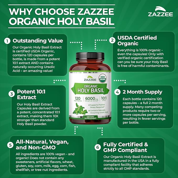Zazzee USDA Organic Holy Basil 10:1 Extract 120 Vegan Capsules 4 Month Supply Tulsi Extract Ursolic Acid Ocimum Tenuiflorum Antioxidant &amp Stress Support All-Natural Non-GMO Made in the US