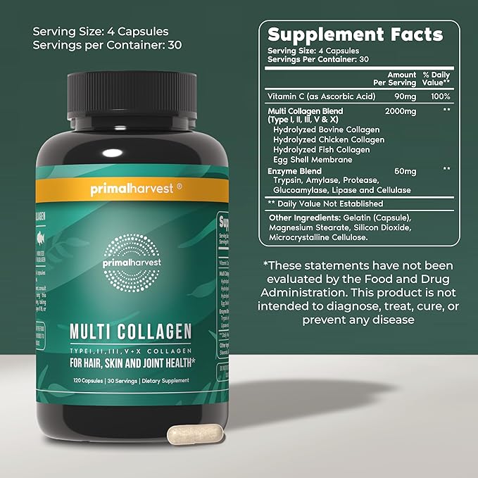 Primal Harvest Super Greens &amp Multi Collagen Capsules Supplements for Women and Men - Superfood Greens Powder and Multi Collagen Peptides Capsules for Hair Skin and Nails Bundle