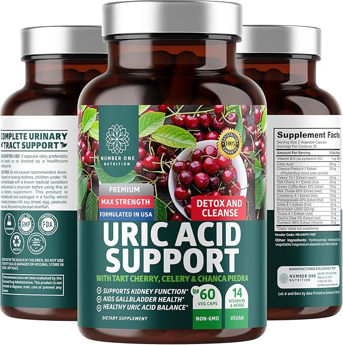 N1N Premium Uric Acid Support Supplement [14X Potent Herbs] All Natural Kidney and Uric Acid Cleanse with Tart Cherry Milk Thistle Cranberry Celery Chanca Piedra 60 Veg Caps