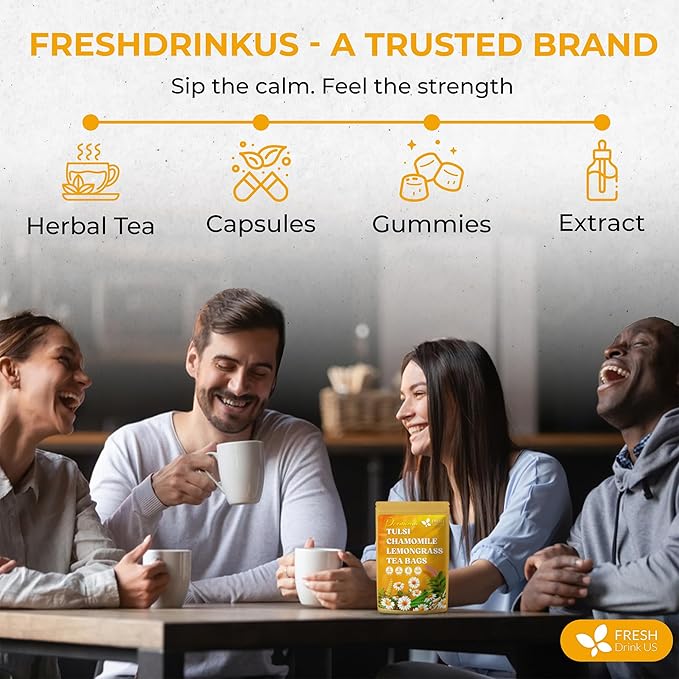 FreshDrinkUS Premium 135 Tea Bags Tulsi Chamomile Lemongrass Herbal Tea | Blend with Holy Basil Chamomile Flowers &amp Lemongrass Leaves – Naturally Caffeine-Free Soothing Herbal Infusion. Vegan