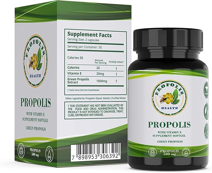 Propolis Health Propolis Capsules 1000mg-Daily with Vitamin E Per dose - Pure Brazilian Green Propolis Extract - Immune Booster 50 Days Supply -100 Capsules