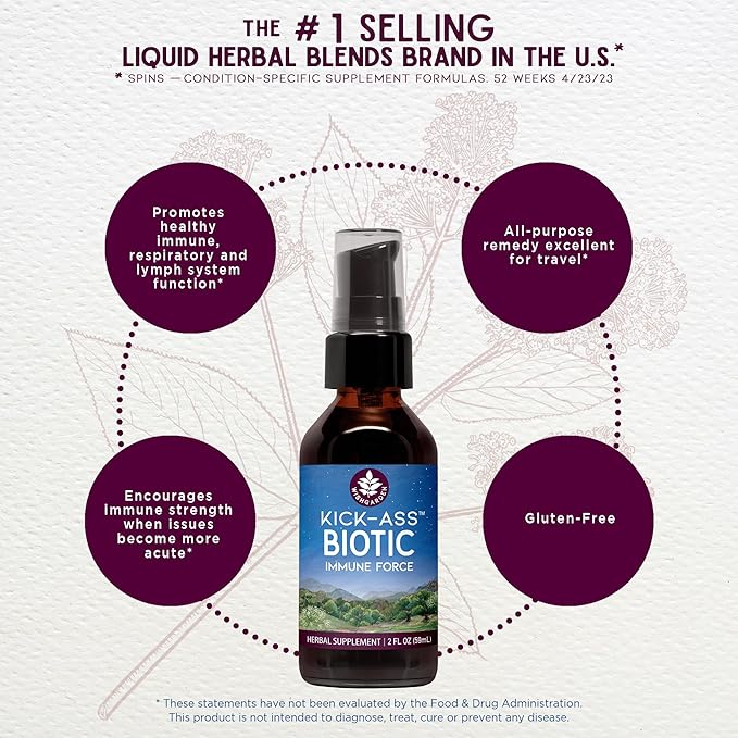 WishGarden Herbs Kick-Ass Biotic Immune Hero - Plant-Based Herbal Biotic Formula with Usnea Lichen Hops Echinacea &amp Goldenseal Supports Healthy Immune Respiratory &amp Lymph System Function