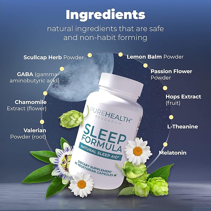 PUREHEALTH RESEARCH Sleep Formula - Fall Asleep Faster and Stay Asleep Longer So You Wake Up Refreshed and Energized - Sleep Supplement with Valerian Root GABA and L-Tryptophan - 1 Bottle