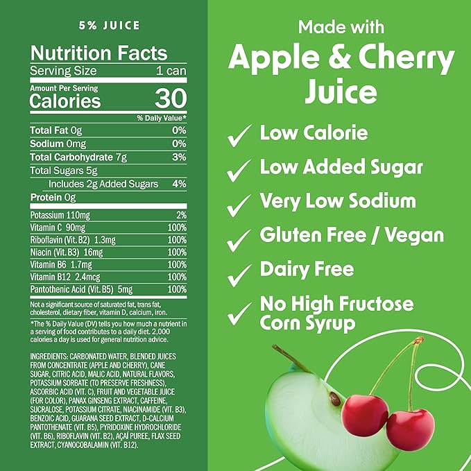 BING CRISP Energizing Juice Beverage – Apple &amp Cherry (12oz/24pk) – Made with REAL Juice! Only 2g added Sugar Low Calorie 5 B-Vitamins &amp Ginseng 100mg Caffeine Vegan Gluten + Dairy Free.