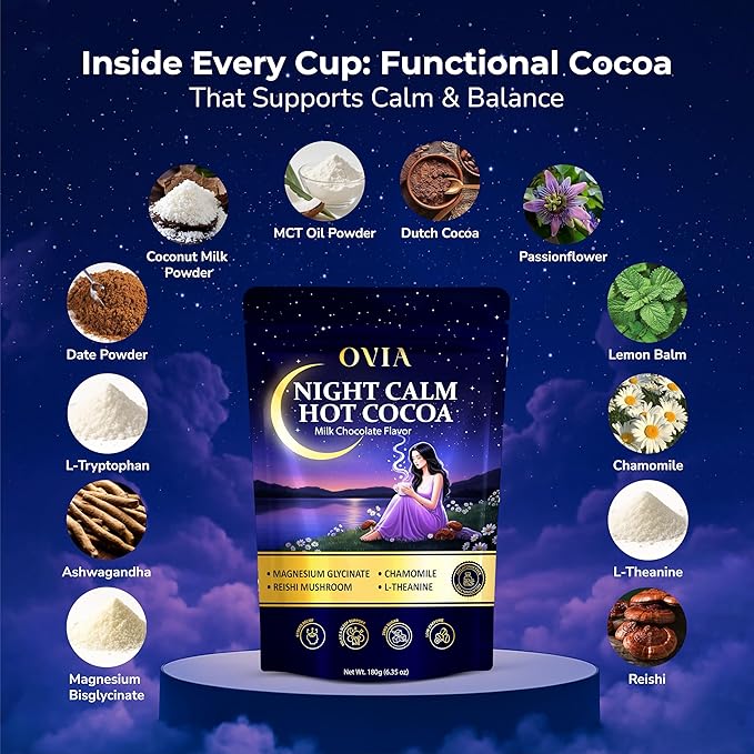 OVIA Night Calm – Melatonin-Free Magnesium Mushroom Hot Cocoa for Sleep – Nighttime Hot Chocolate with L-Tryptophan L-Theanine &amp Reishi – Relaxation Stress &amp Cortisol Support | 30 Servings