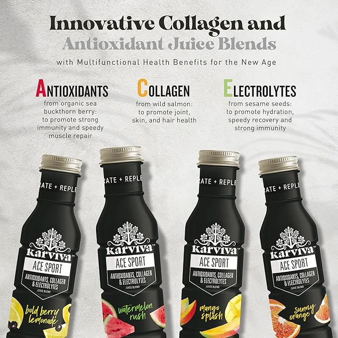 KARVIVA ACE Collagen Hydration Juice Healthy Joints Skin &amp Hair Support Antioxidant-Rich Marine Collagen Natural Electrolytes Low-Sugar Low-Calories Non-GMO Vitamin C Boost Mango Splash