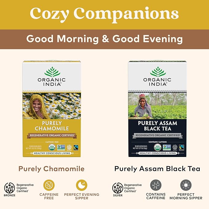 Organic India Purely Chamomile Tea - Regenerative Organic Pure Chamomile Flowers Caffeine Free Calming &amp Relaxing Herbal Tea Natural Support for Sleep &amp Relaxation - 18 Tea Bags Pack of 6