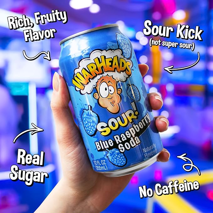 Sour Fruity Soda with Classic Warheads Flavors – Perfectly Balanced Sweet and Sour Soda - Warheads Candy Throwback Treat Soda Cocktail Mixer Pack of 12 12oz Cans (Blue Raspberry)