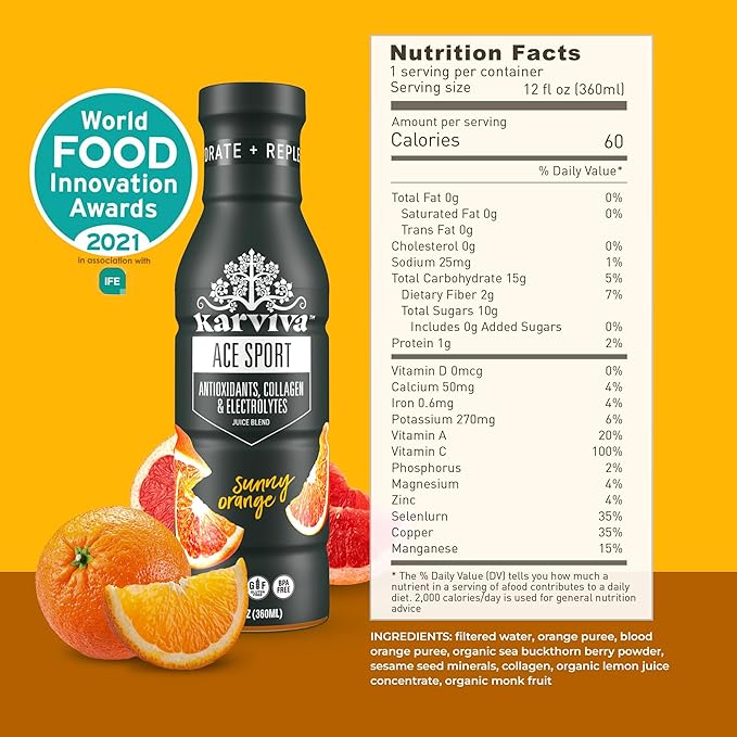 KARVIVA ACE Collagen Juice Energy Recovery Healthy Joints Skin &amp Hair Antioxidants Marine Collagen Electrolytes Low-Sugar Low-Calories Non-GMO Vitamins (6 BPA-Free Bottles12 fl oz Each)