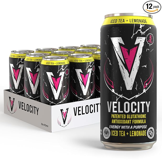 Velocity Iced Tea + Lemonade Energy Drink with Patented Glutathione Antioxidant Formula Non-Carbonated Zero Sugar Keto 12 Pack (16 oz Cans)