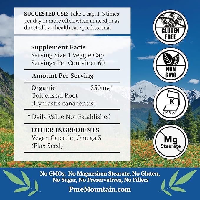 Pure Mountain Botanicals Goldenseal Capsules - Kosher Vegan Caps with 250mg Organic Goldenseal Root Supplement