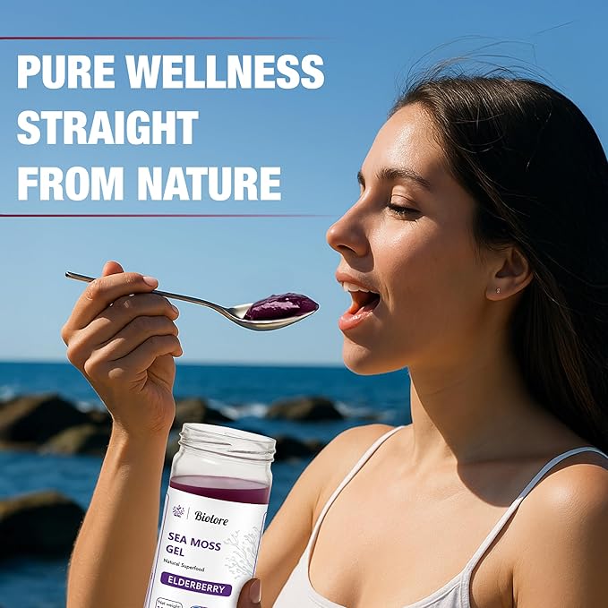 Biolore Wildcrafted Sea Moss Gel - Elderberry 16 oz - Flavored Sea Moss Gel with Essential Vitamins &amp Trace Minerals - Vegan Superfood - Made in USA Gluten-Free No Added Sugar