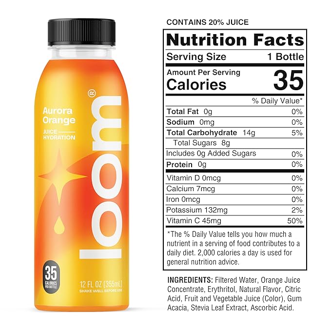 Aurora Orange Juice Drinks by Loom Low Sugar Juice Real Fruit No Added Sugar Healthy Hydration 30 Calories Non-GMO 12 oz bottles 12 pack